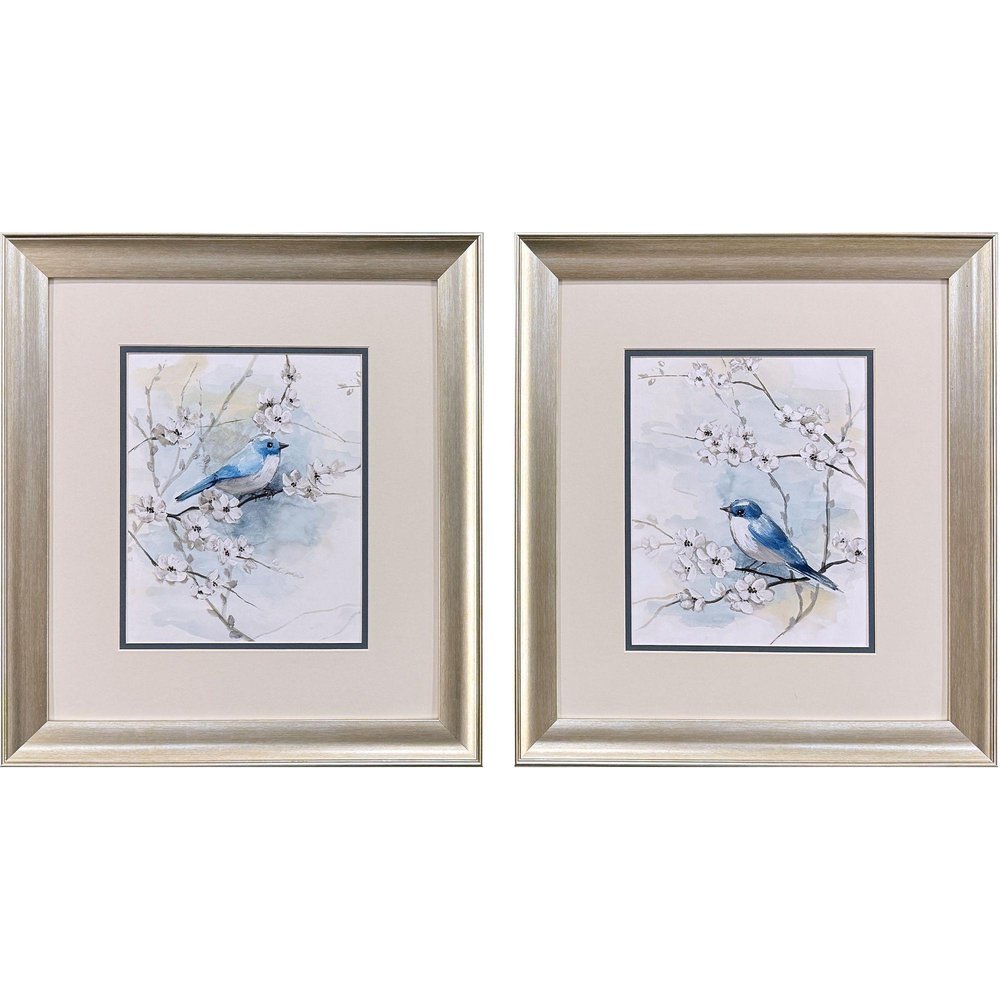 Set Of Two Blossoms And Bluebird Set of Set Silver Framed Wall Art HomeRoots