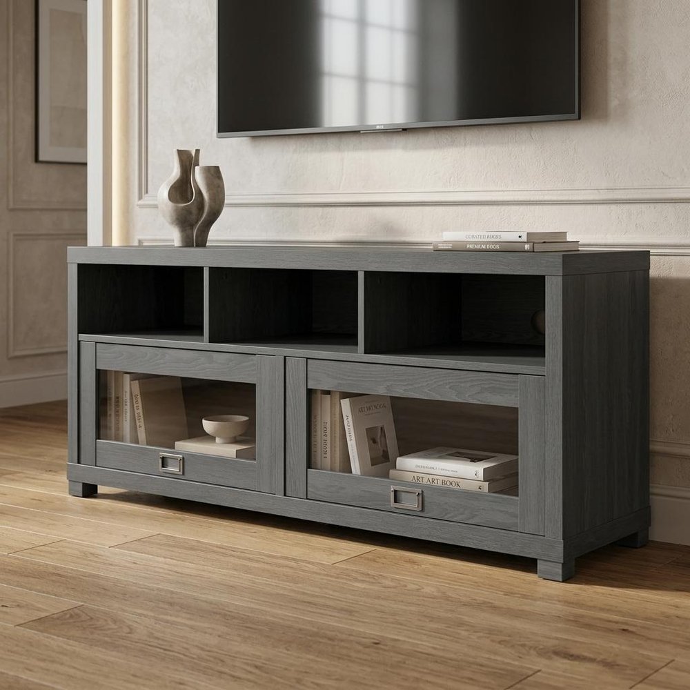 57" Gray Wood Enclosed and Open Storage TV Stand — view 8