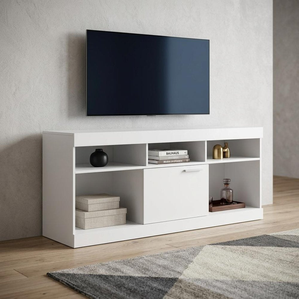 61" White Wood Enclosed and Open Storage TV Stand — view 6