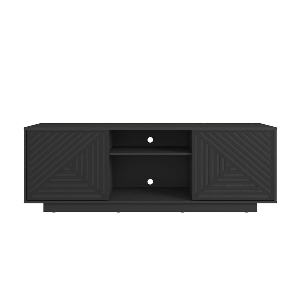 63" Black Carved Texture Wood Enclosed and Open Storage TV Stand