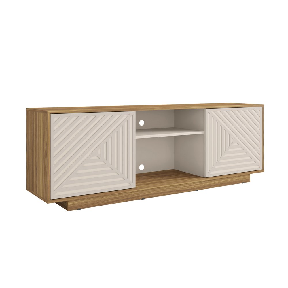 63" Oak And White Carved Texture Wood Enclosed and Open Storage TV Stand — view 1