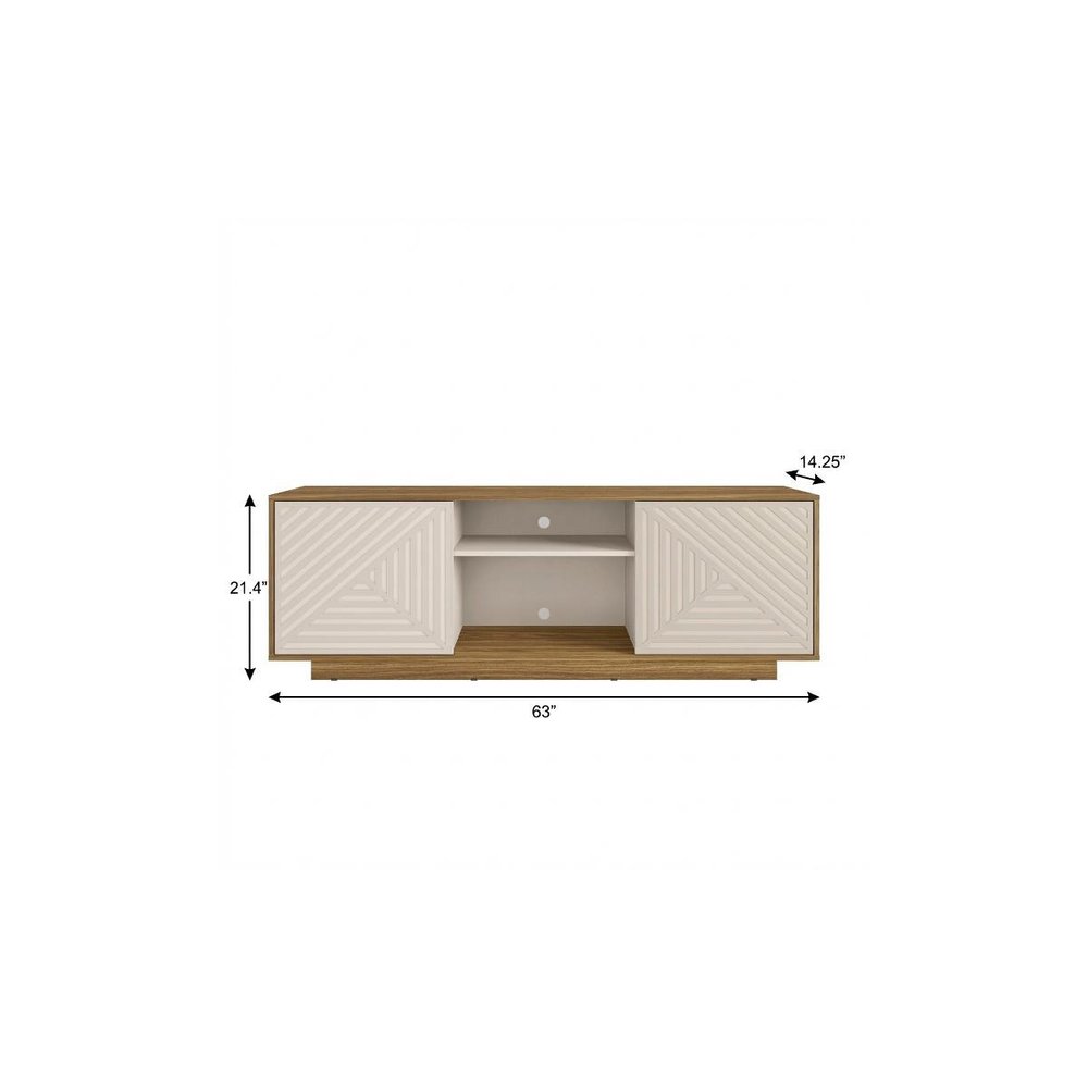 63" Oak And White Carved Texture Wood Enclosed and Open Storage TV Stand — view 7
