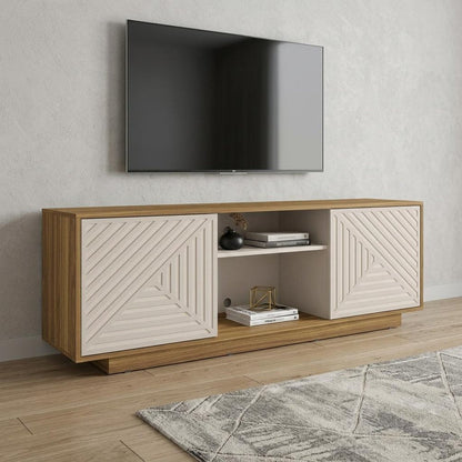 63" Oak And White Carved Texture Wood Enclosed and Open Storage TV Stand