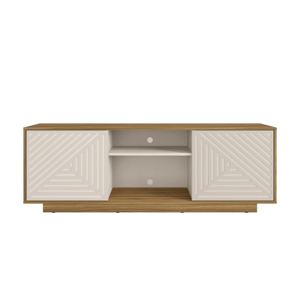 63" Oak And White Carved Texture Wood Enclosed and Open Storage TV Stand — view 2