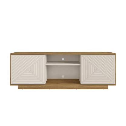 63" Oak And White Carved Texture Wood Enclosed and Open Storage TV Stand