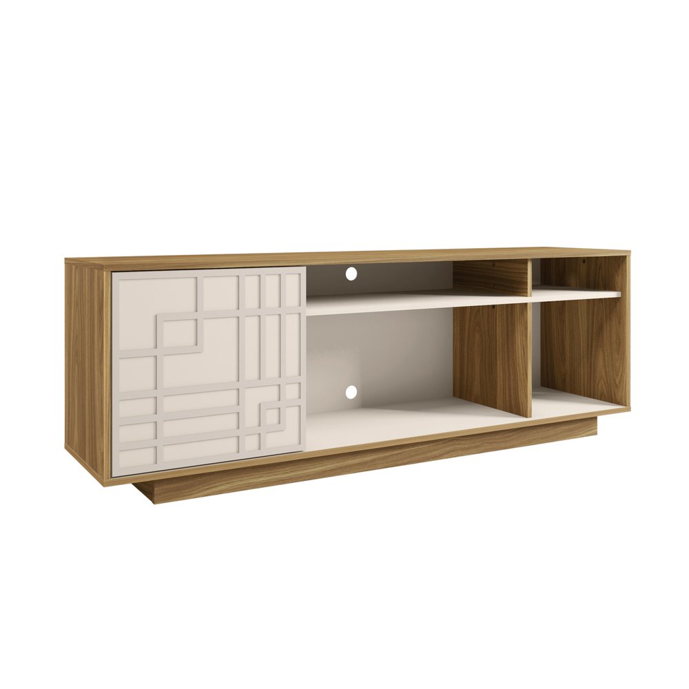 63" Natural And White Carved Geometric Wood Enclosed and Open Storage TV Stand — view 1