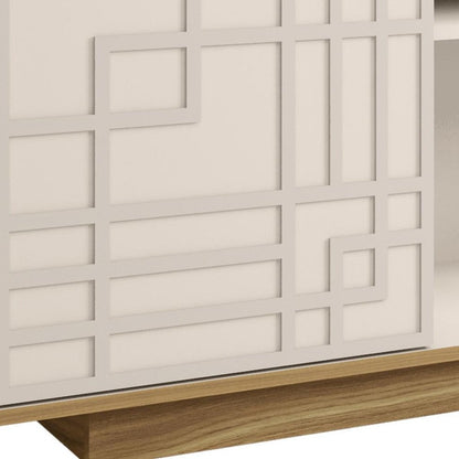 63" Natural And White Carved Geometric Wood Enclosed and Open Storage TV Stand