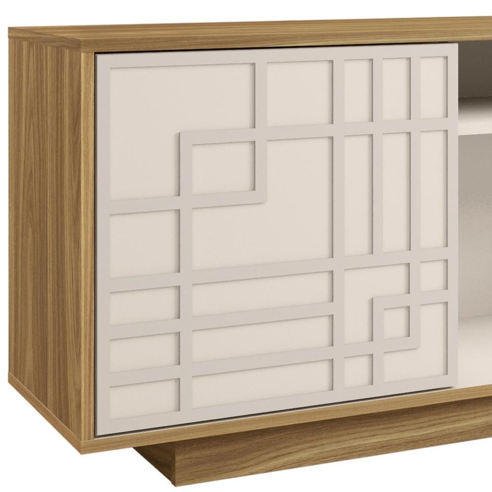 63" Natural And White Carved Geometric Wood Enclosed and Open Storage TV Stand — view 5