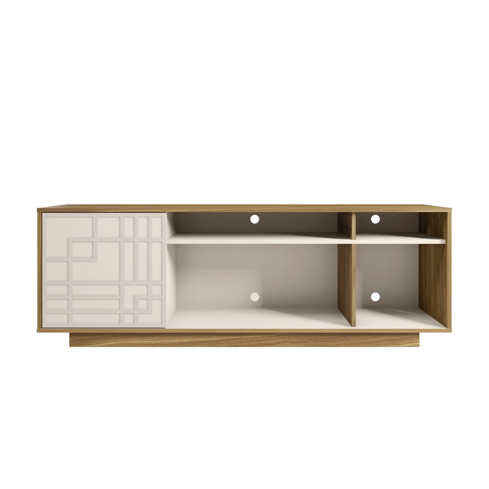 63" Natural And White Carved Geometric Wood Enclosed and Open Storage TV Stand — view 2