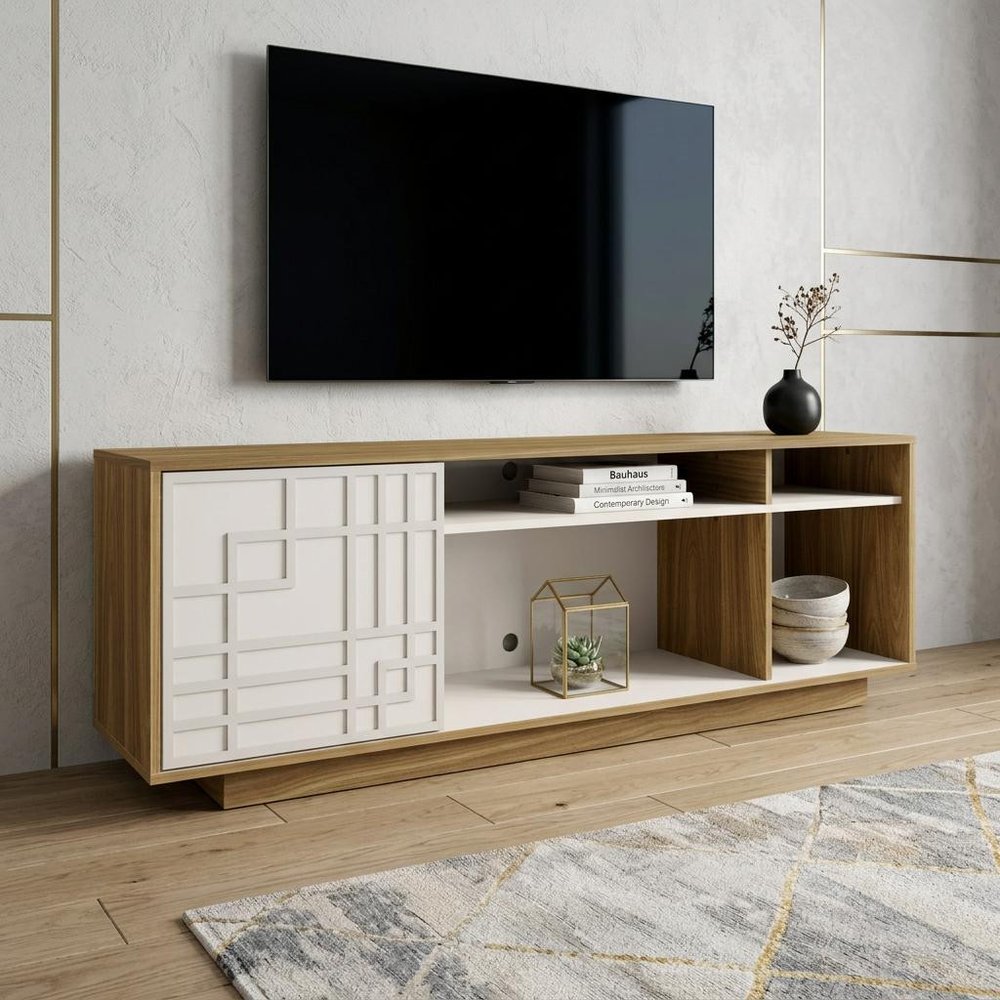 63" Natural And White Carved Geometric Wood Enclosed and Open Storage TV Stand