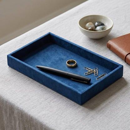 9" Cream Wood And Velvet Handmade Trinket Tray