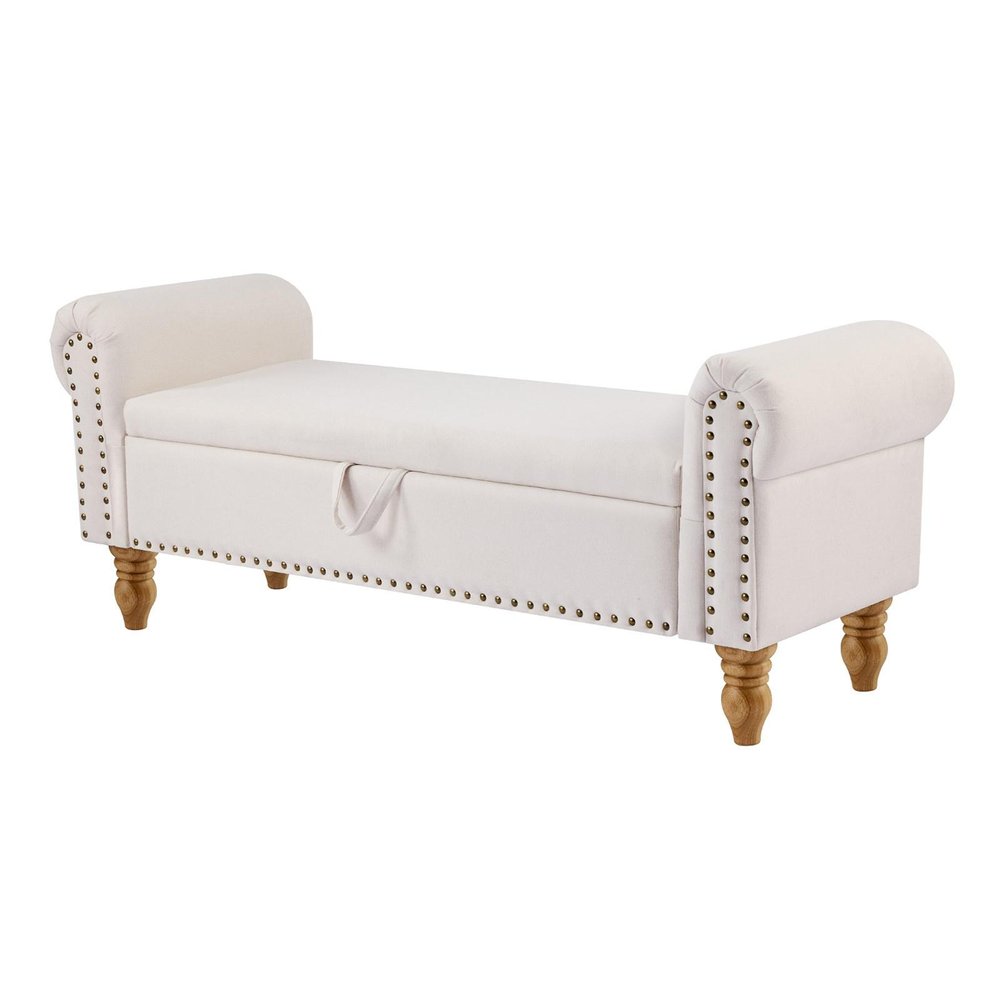 55" Beige And Brown Linen And Solid Wood Upholstered Storage Bench With Flip Top — view 5