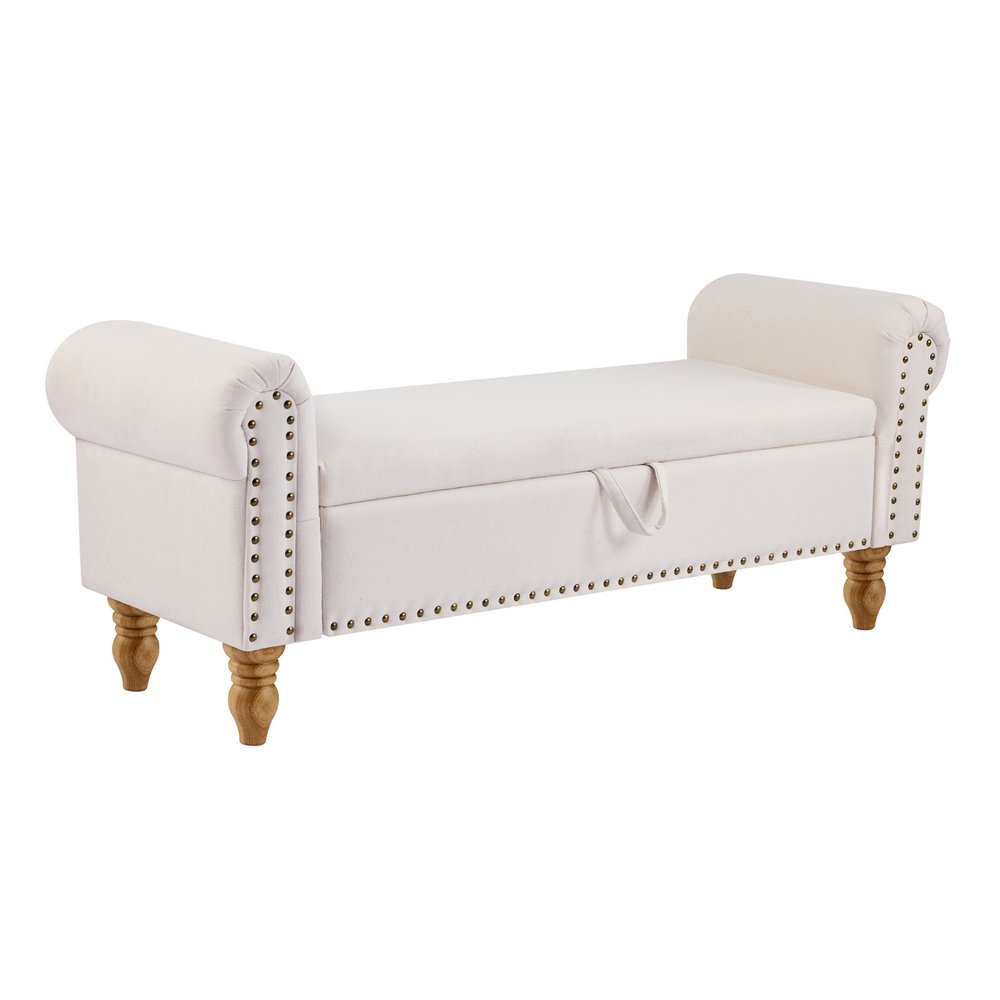 55" Beige And Brown Linen And Solid Wood Upholstered Storage Bench With Flip Top — view 1