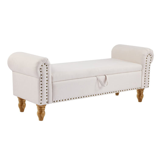 55" Beige And Brown Linen And Solid Wood Upholstered Storage Bench With Flip Top