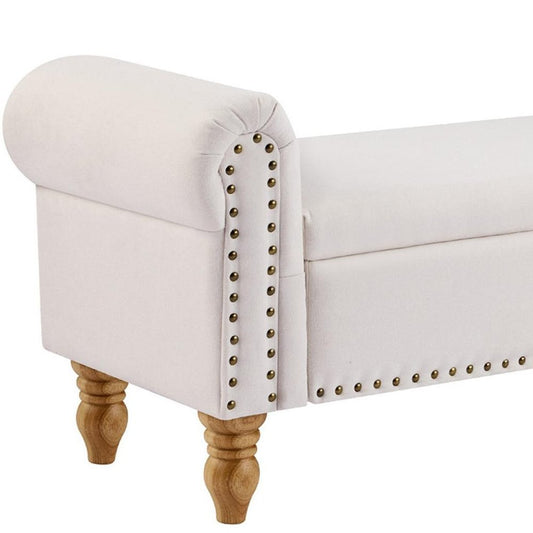 55" Beige And Brown Linen And Solid Wood Upholstered Storage Bench With Flip Top