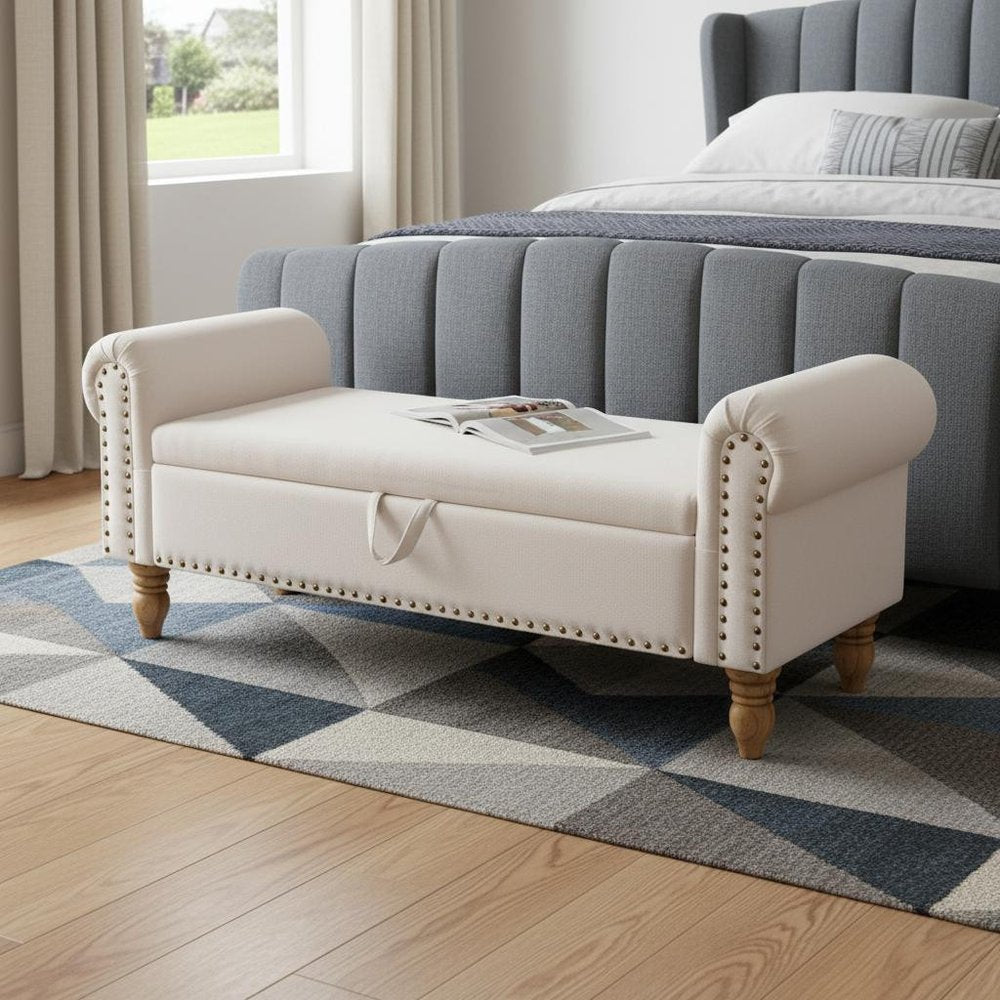 55" Beige And Brown Linen And Solid Wood Upholstered Storage Bench With Flip Top HomeRoots
