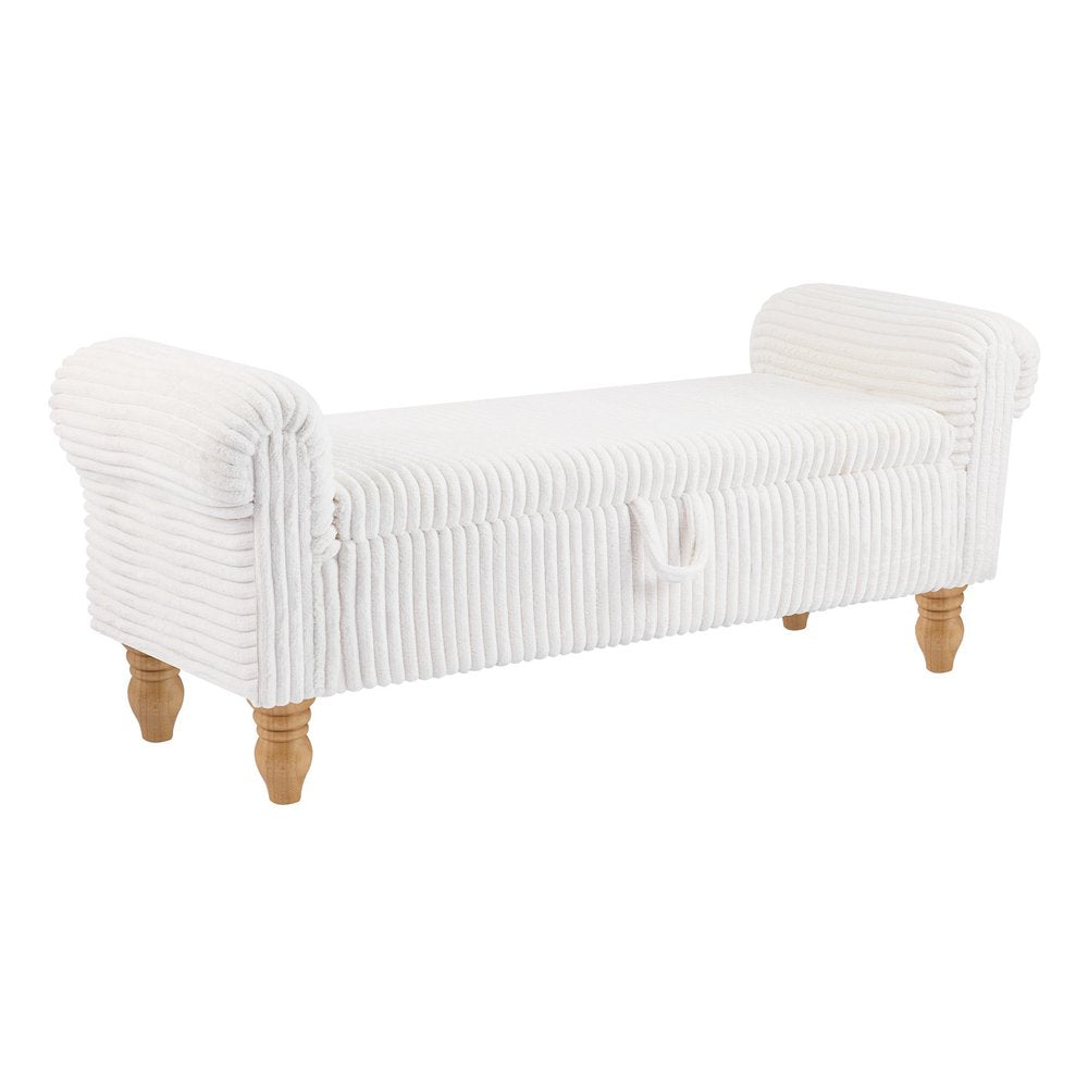 55" White and Brown Corduroy and Solid Wood Upholstered Storage Bench With Flip Top — view 1