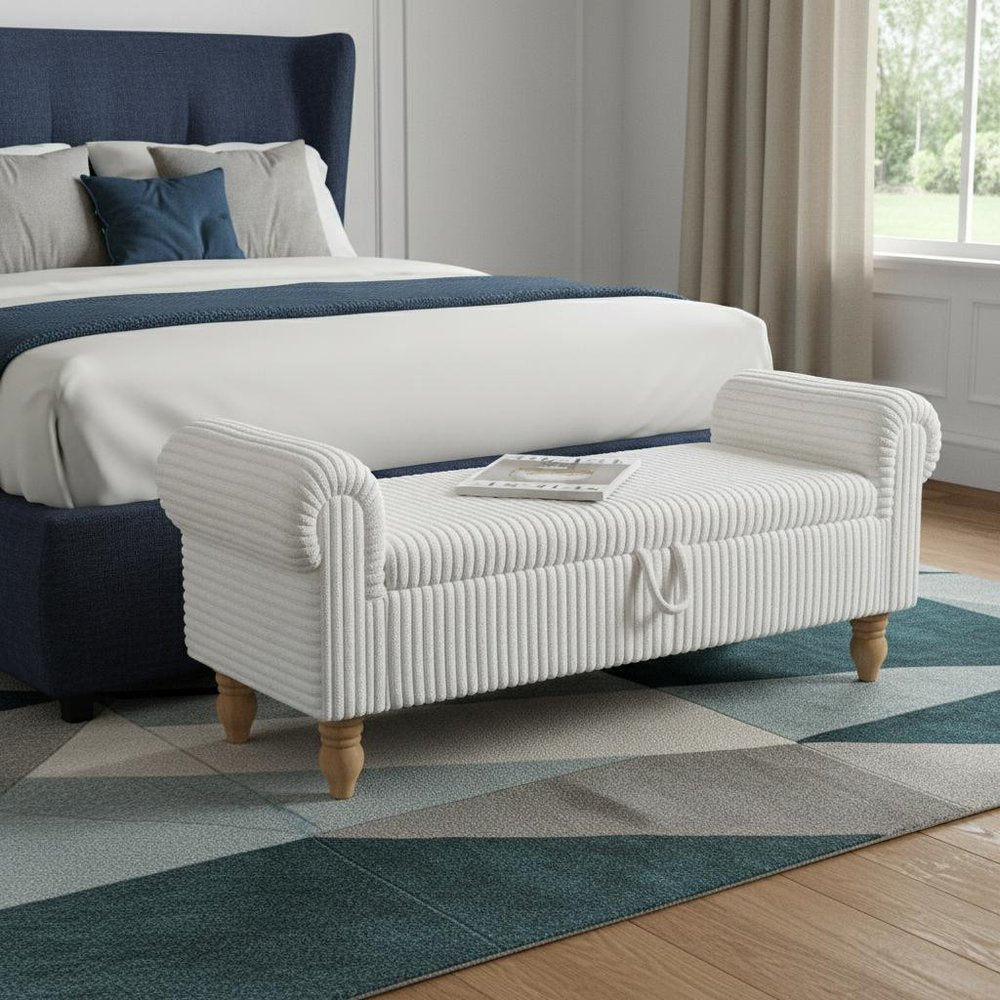 55" White and Brown Corduroy and Solid Wood Upholstered Storage Bench With Flip Top HomeRoots