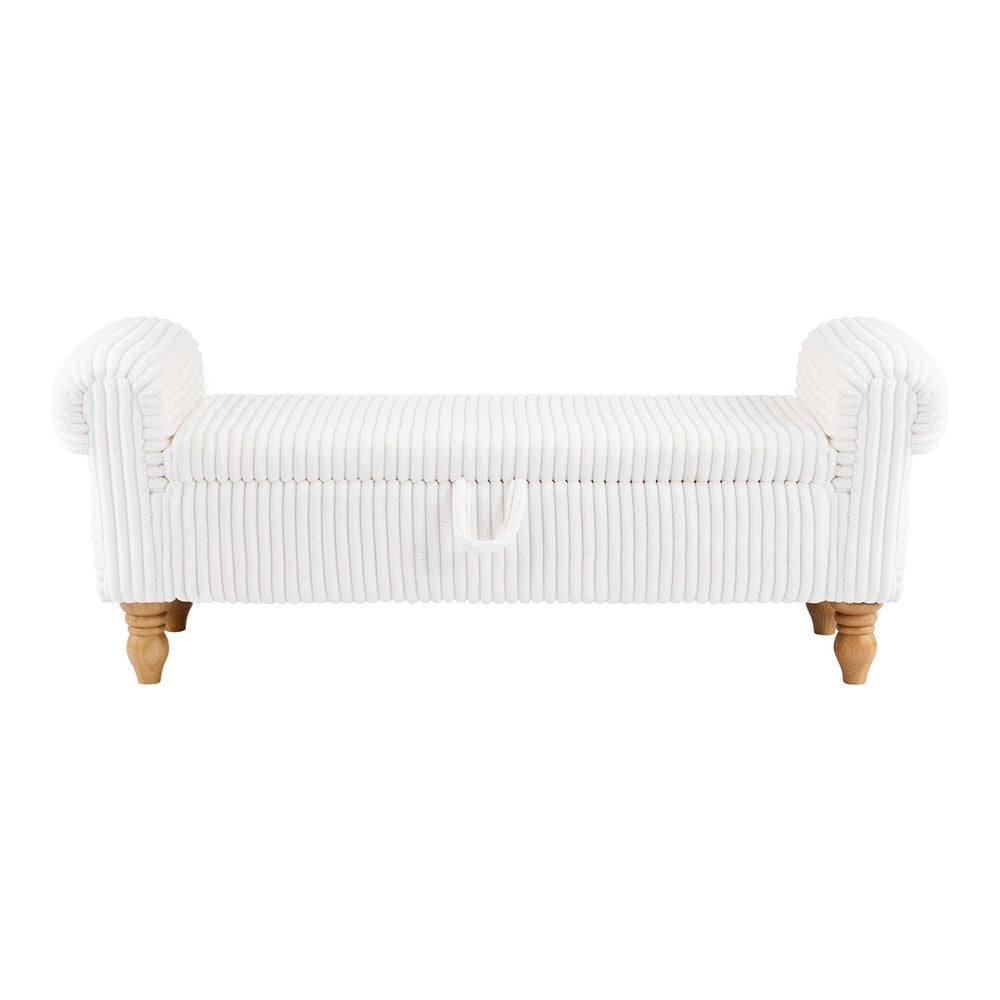 55" White and Brown Corduroy and Solid Wood Upholstered Storage Bench With Flip Top HomeRoots