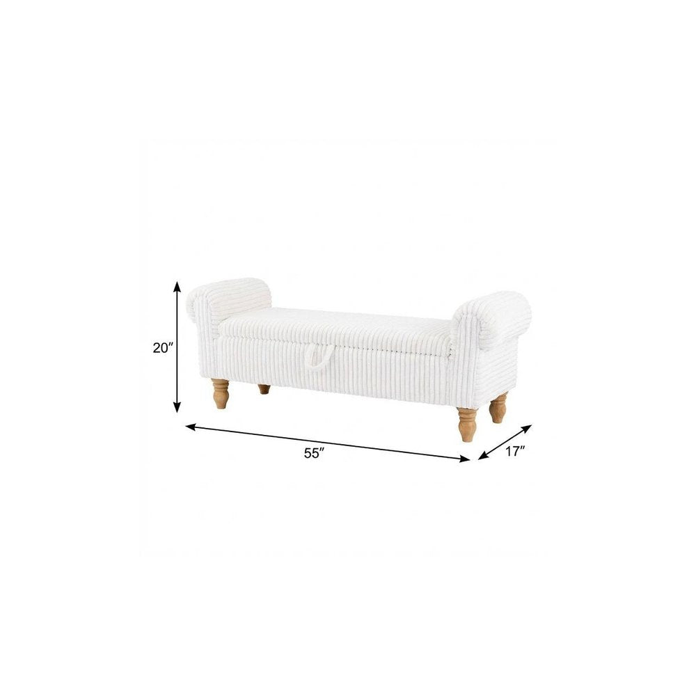 55" White and Brown Corduroy and Solid Wood Upholstered Storage Bench With Flip Top — view 4