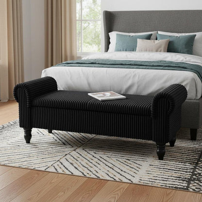 55" White and Brown Corduroy and Solid Wood Upholstered Storage Bench With Flip Top HomeRoots