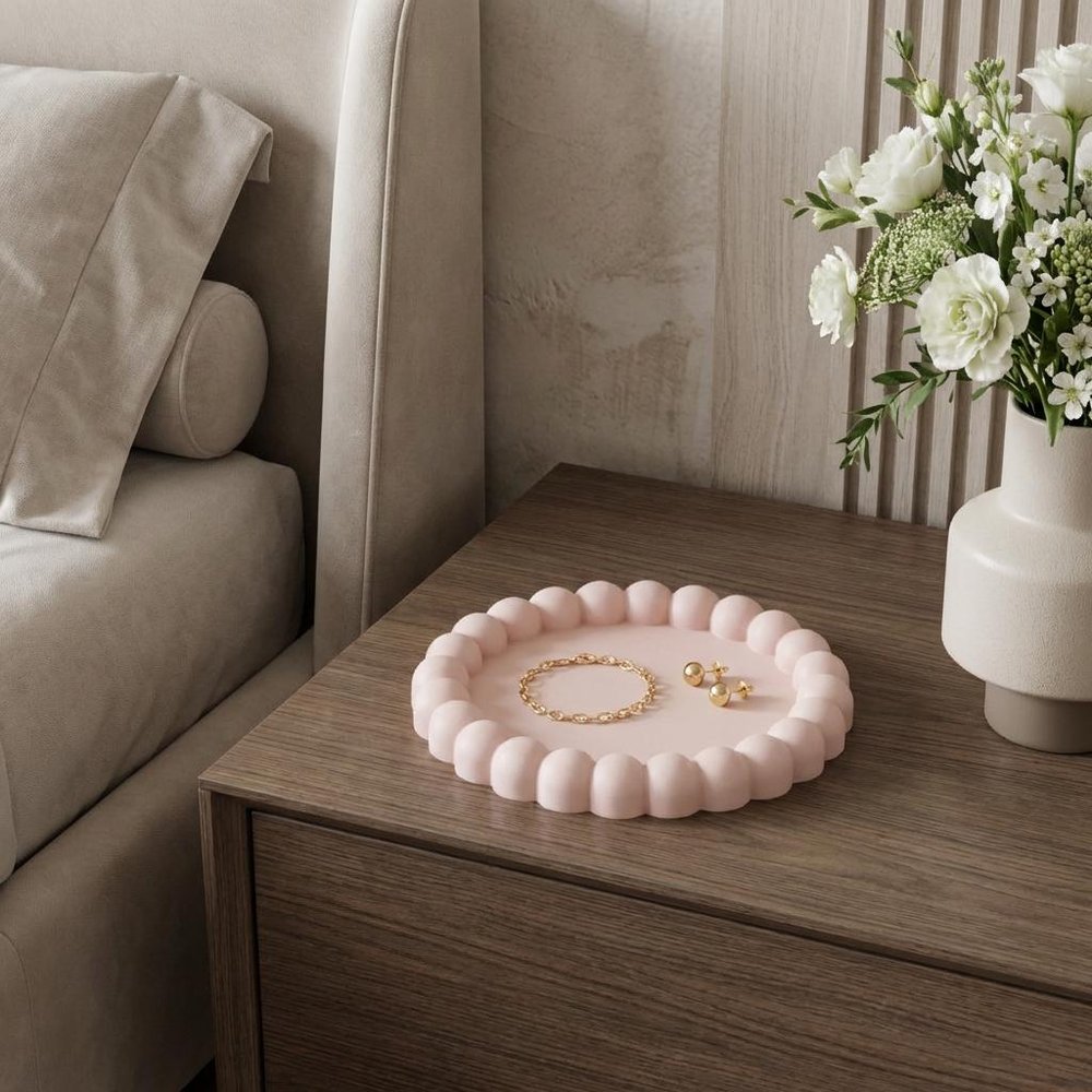 6" Pink And White Resin Marbleized Handmade Round Trinket Tray — view 4