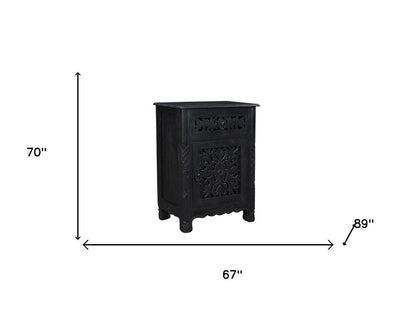 Five Piec Black Solid Wood Bedroom Set With Mirror