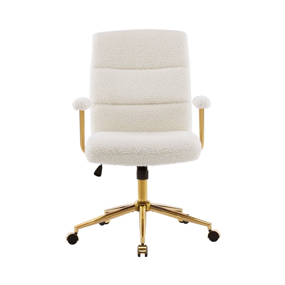 White And Gold Boucle Swivel Rolling Executive Office Chair