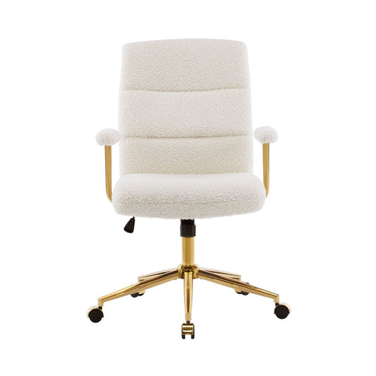 White And Gold Boucle Swivel Rolling Executive Office Chair
