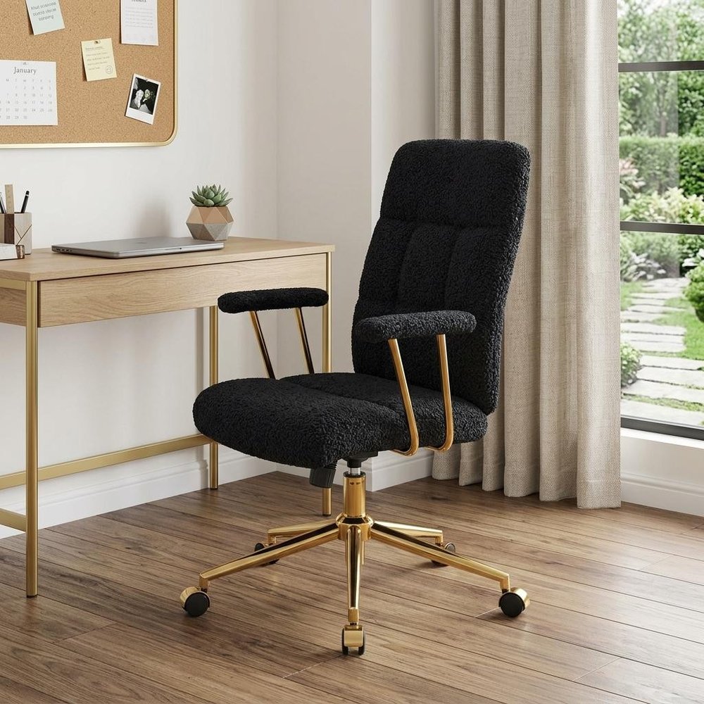 White And Gold Boucle Swivel Rolling Executive Office Chair — view 14