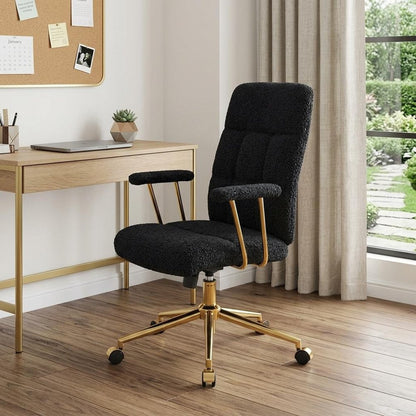 White And Gold Boucle Swivel Rolling Executive Office Chair HomeRoots