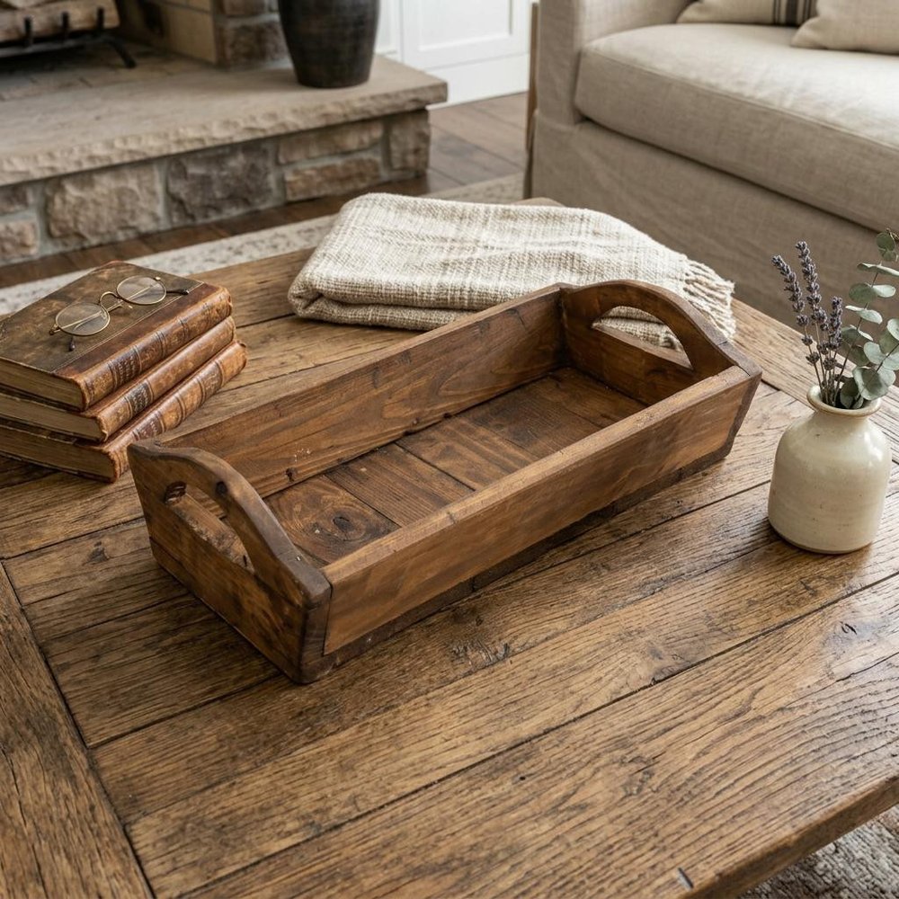 20" Brown Reclaimed Wood Handmade Serving Tray With Handles — view 1