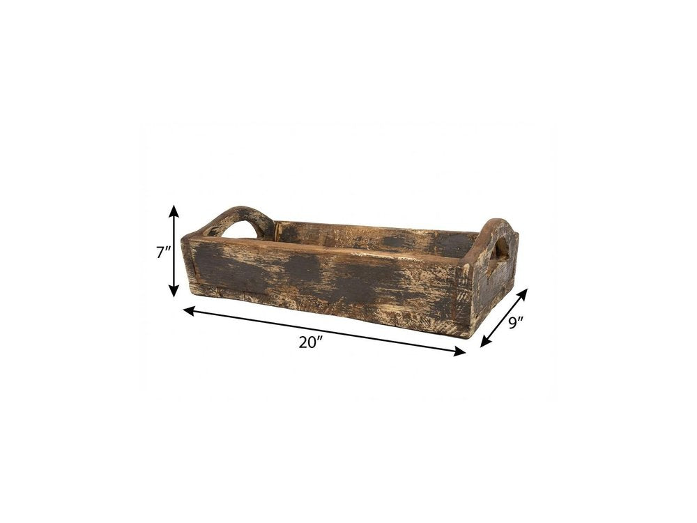 20" Brown Reclaimed Wood Handmade Serving Tray With Handles HomeRoots