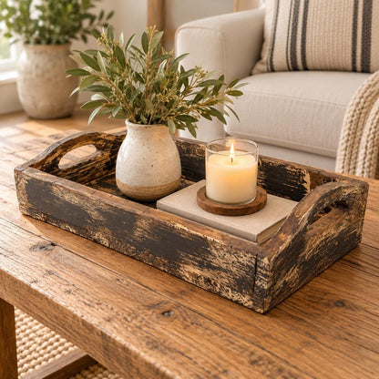 20" Dark Brown Reclaimed Wood Handmade Serving Tray With Handles