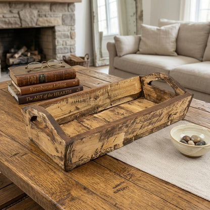 20" Brown Reclaimed Wood Handmade Serving Tray With Handles HomeRoots