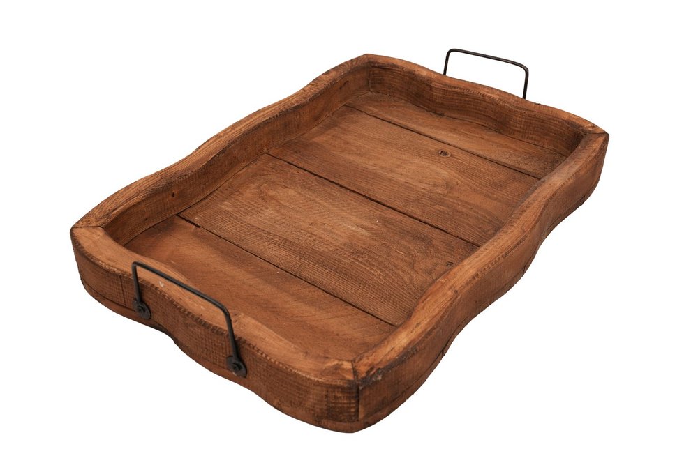 20" Brown Solid Wood Handmade Scalloped Serving Tray With Handles — view 2