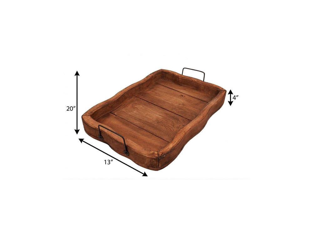20" Brown Solid Wood Handmade Scalloped Serving Tray With Handles — view 6