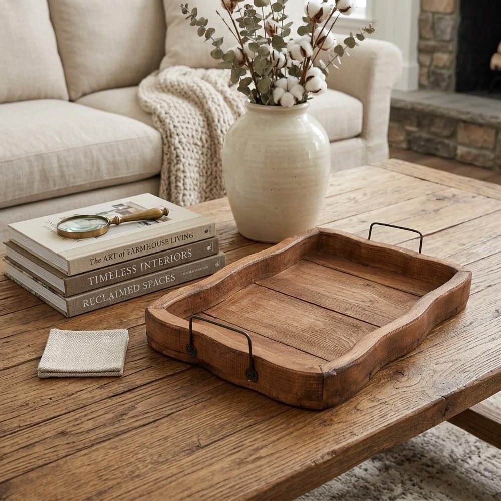 20" Brown Solid Wood Handmade Scalloped Serving Tray With Handles — view 6