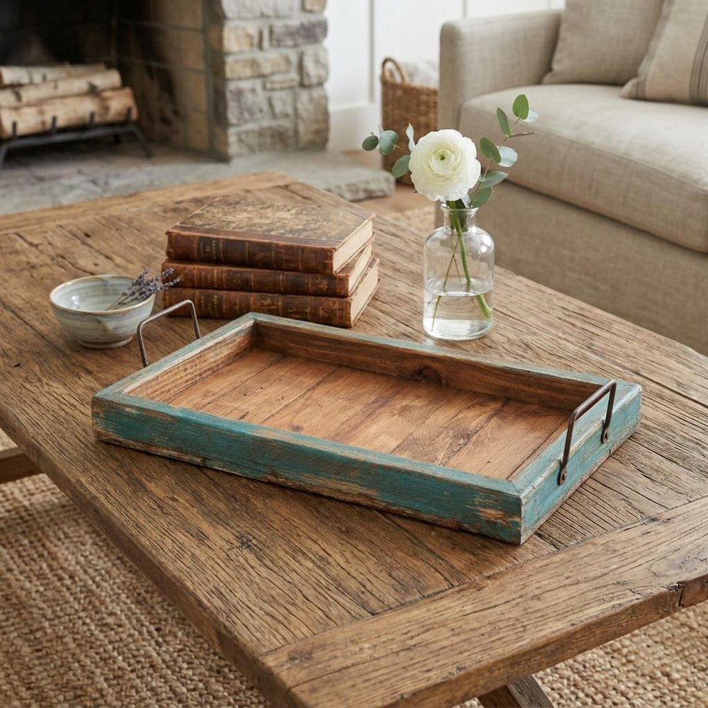 21" Natural And Turquoise Solid Wood Handmade Serving Tray With Handles