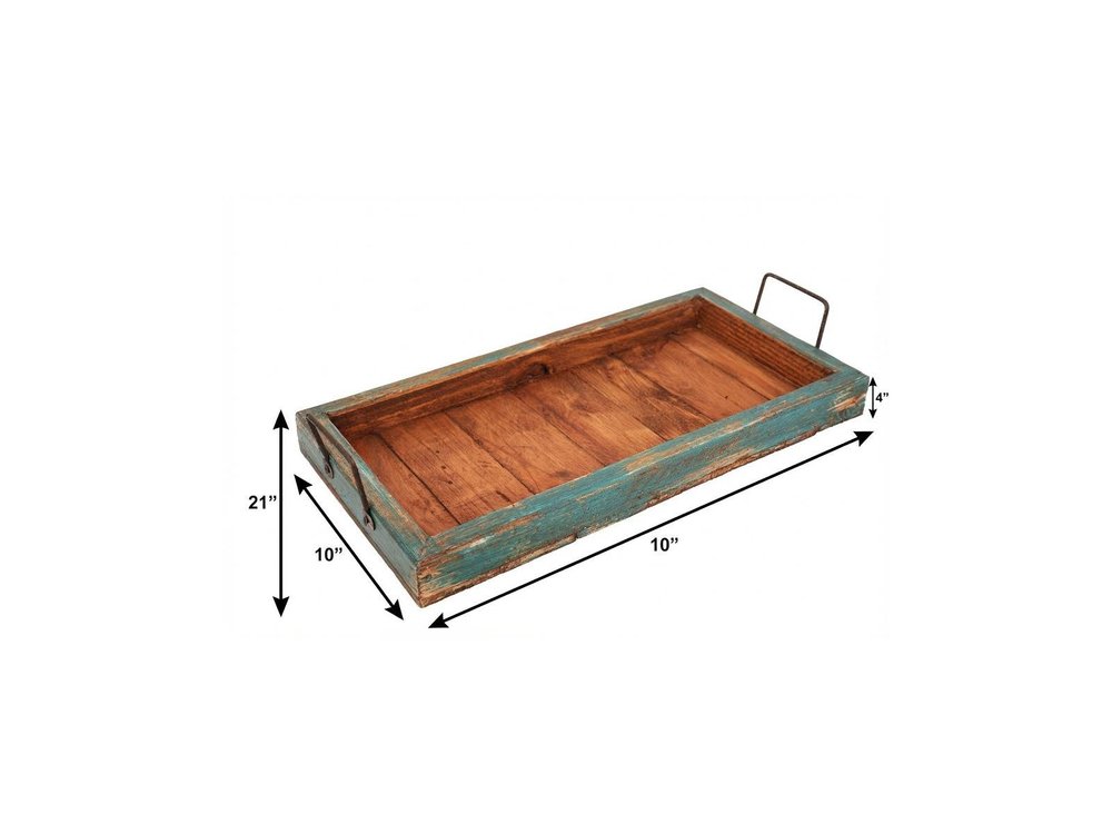 21" Natural And Turquoise Solid Wood Handmade Serving Tray With Handles — view 10