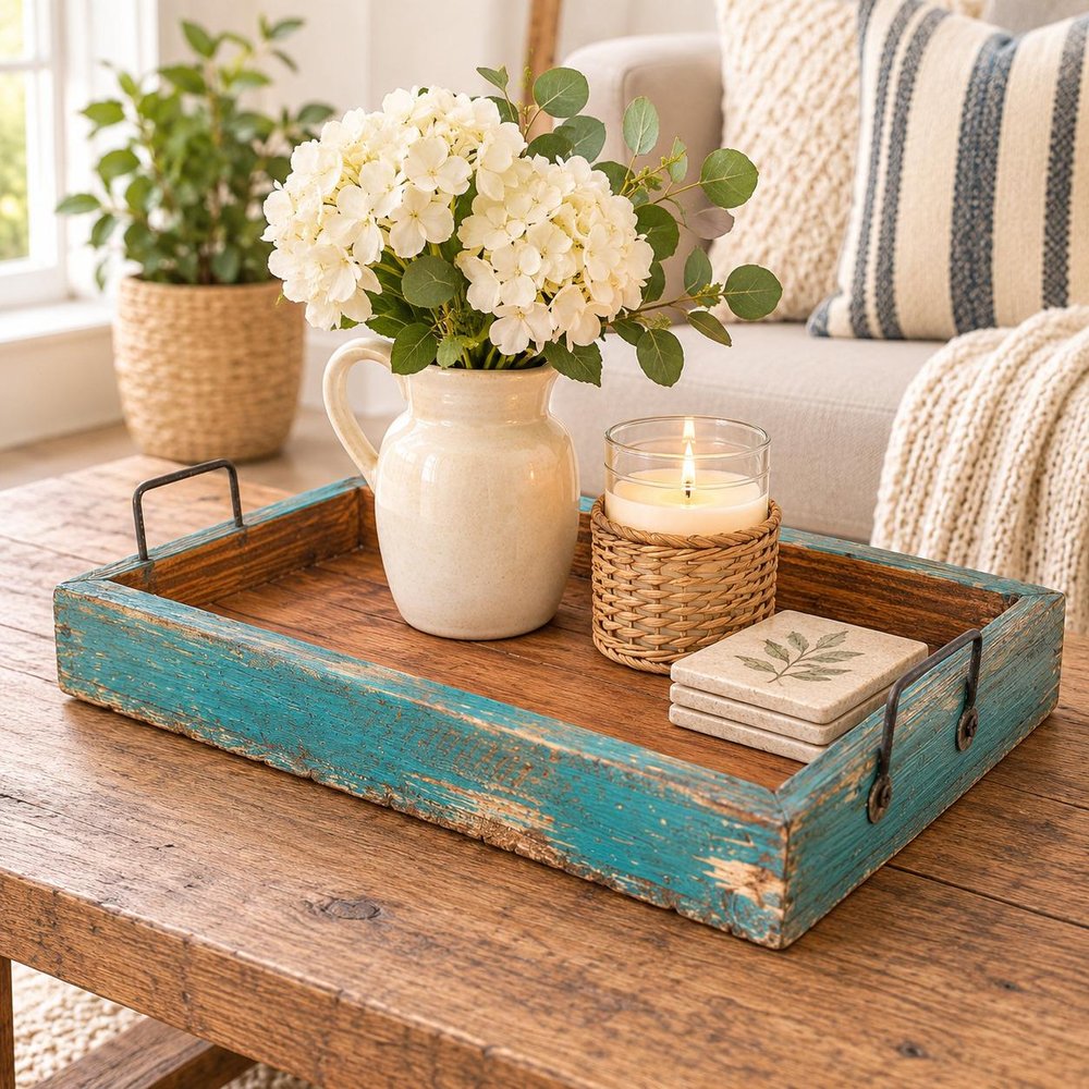 21" Natural And Turquoise Solid Wood Handmade Serving Tray With Handles — view 12