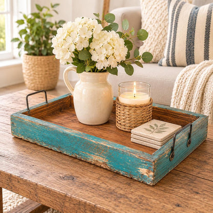 21" Natural And Turquoise Solid Wood Handmade Serving Tray With Handles