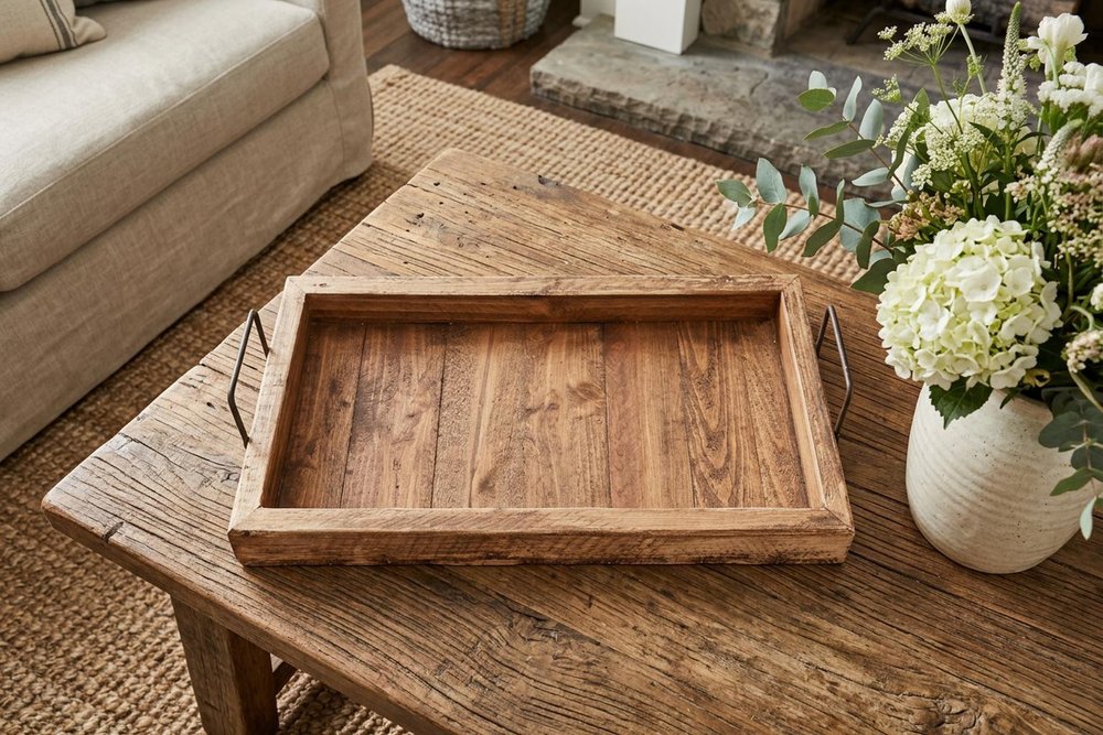 21" Natural Solid Wood Handmade Serving Tray With Handles — view 1