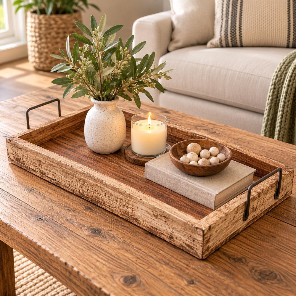 21" Natural Solid Wood Handmade Serving Tray With Handles