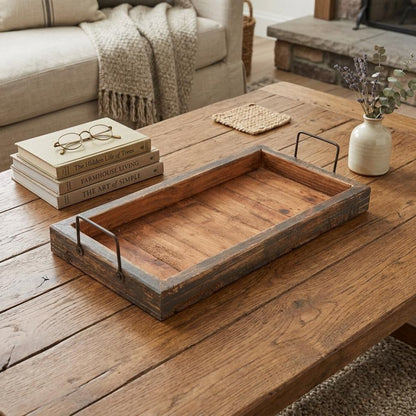 21" Natural Solid Wood Handmade Serving Tray With Handles HomeRoots