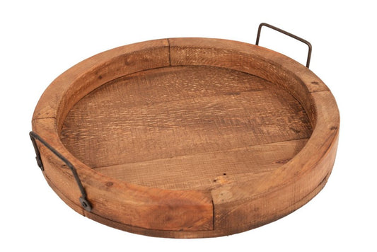 15" Gray And Natural Solid Wood Handmade Round Serving Tray With Handles
