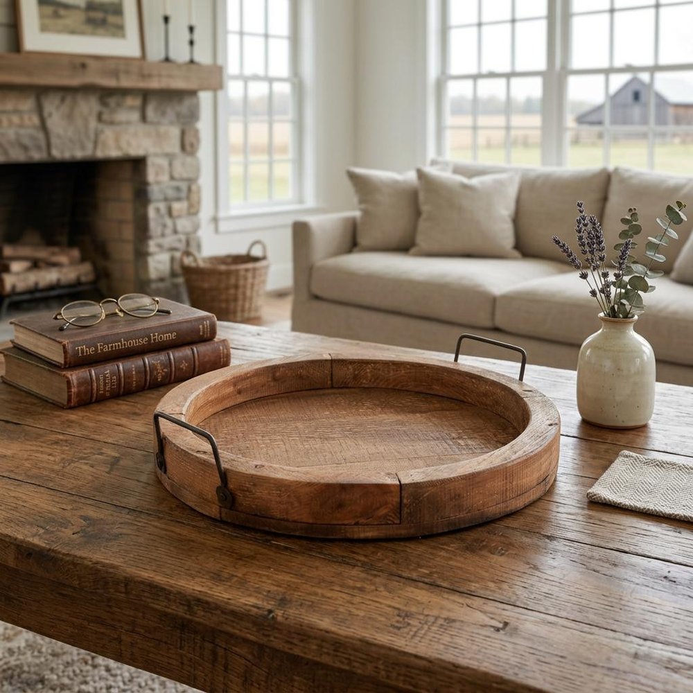 15" Natural Solid Wood Handmade Round Serving Tray With Handles — view 1