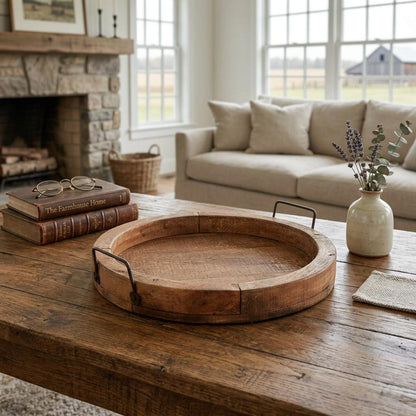 15" Natural Solid Wood Handmade Round Serving Tray With Handles HomeRoots