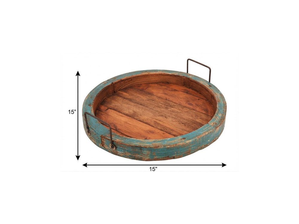 15" Natural Solid Wood Handmade Round Serving Tray With Handles — view 11