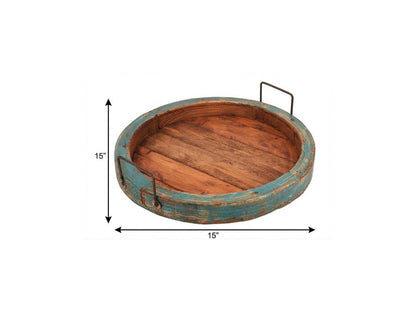 15" Natural Solid Wood Handmade Round Serving Tray With Handles HomeRoots